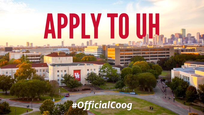 University of Houston drone shot of campus with text stating "Apply to UH."