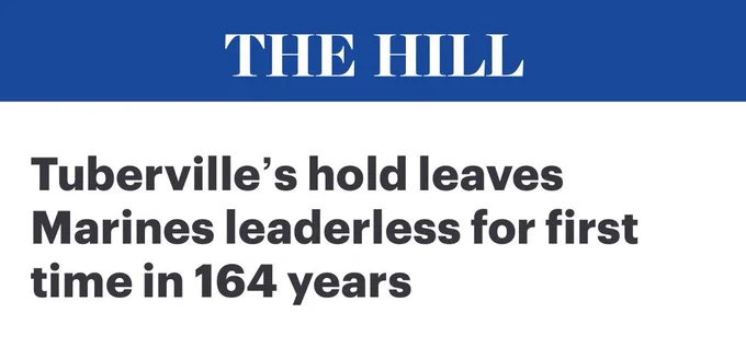 An article headline from The Hill titled "Tuberville's hold leaves Marines leaderless for first time in 164 years."