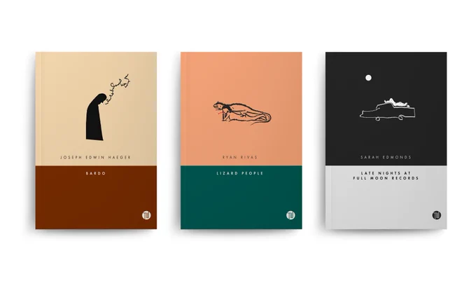 Three novellas. From left to right: BARDO by Joseph Edwin Haeger, LIZARD PEOPLE by Ryan Rivas, LATE NIGHTS AT FULL MOON RECORDS by Sarah Edmonds.