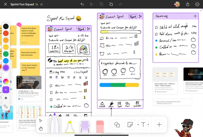 A FigJam board with a rapid prototype for my side project called "Sprint Fun Squad". 

Here are some ways I use FigJam for iPad:
- 🗯️ Visual brainstorming: FigJam's visual capabilities help me to brainstorm ideas and make connections between them.

- 🕹️ Rapid prototyping: Once I have a few ideas, I prototype them in FigJam to see how they would work in practice and get feedback from others.

- ✨ Collaboration: As FigJam is a collaborative tool, it's easy to collaborate with others on ideas and get feedback.

- 🤝 Decision-making: Once I have a prototype, I use FigJam's built-in voting system and comment feature to decide which feature to implement.