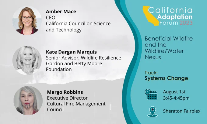 A graphic with headshots of the three panelists and the title of the panel with date/time and some wavy design elements as well as the California Adaptation Forum 2023 logo.