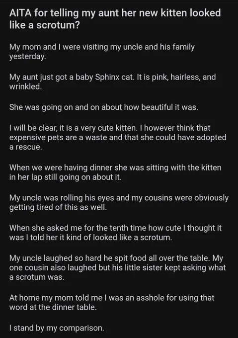 AITA for telling my aunt her new kitten looked like a scrotum?

My mom and I were visiting my uncle and his family yesterday. 

My aunt just got a baby Sphinx cat. It is pink, hairless, and wrinkled. 

She was going on and on about how beautiful it was. 

I will be clear, it is a very cute kitten. I however think that expensive pets are a waste and that she could have adopted a rescue. 

When we were having dinner she was sitting with the kitten in her lap still going on about it.  

My uncle was rolling his eyes and my cousins were obviously getting tired of this as well. 

When she asked me for the tenth time how cute I thought it was I told her it kind of looked like a scrotum. 

My uncle laughed so hard he spit food all over the table. My one cousin also laughed but his little sister kept asking what a scrotum was. 

At home my mom told me I was an asshole for using that word at the dinner table. 

I stand by my comparison.