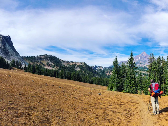 Mount Jefferson Wilderness area with a hiker walking on a trail in a meadow.