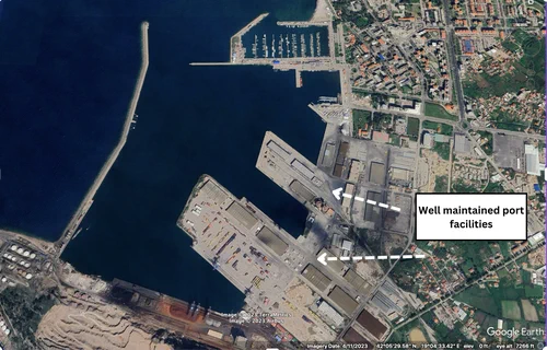 Satellite imagery of an overview of facilities and activity at the Port of Bar indicating that the port could accommodate more containers (or capacity).