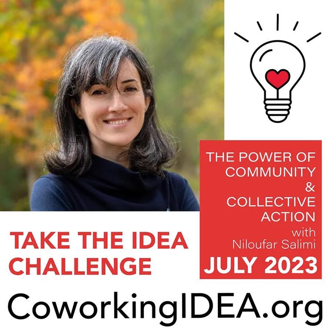 This image features a headshot of Niloufar Salimi and the IDEA Project lightbulb logo. The overlay text reads CoworkingIDEA.org, The Power of Community & Collective Action, July 2023, and Take the Challenge.