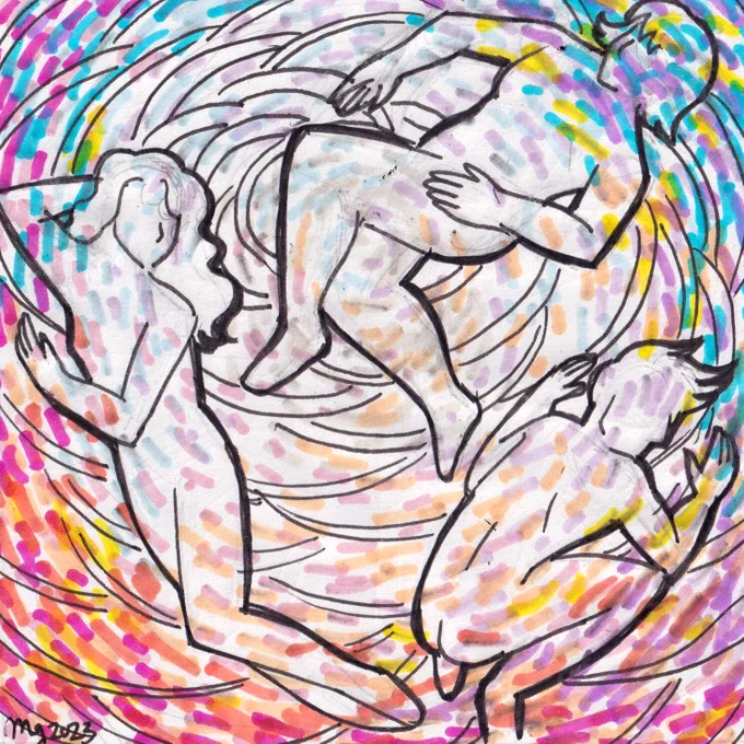 Three figures against a backdrop of colours from the lesbian, trans, and nonbinary flags.