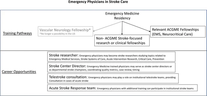 Figure. Training pathways and career opportunities for emergency physicians in acute stroke care.