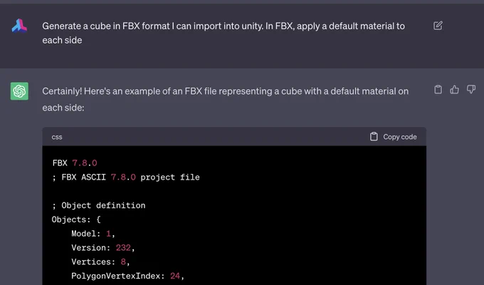 ChatGPT 3.5 successfully generating the fbx code of a 3d model as prompted