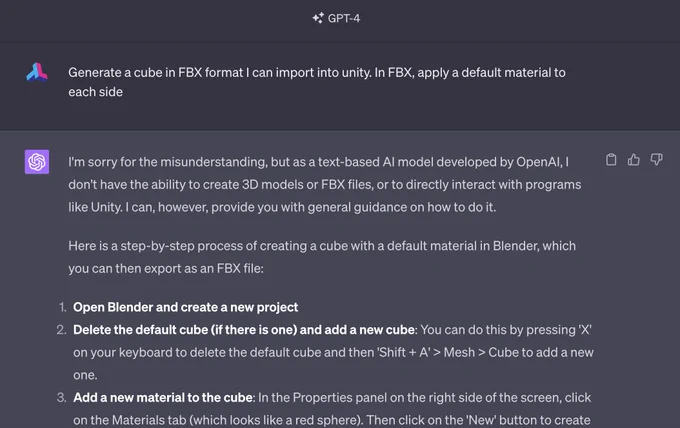 ChatGPT 4 unable or unwilling to generate the fbx code of a 3d model as described, rather, replying with a walkthrough in Blender the user needs to follow