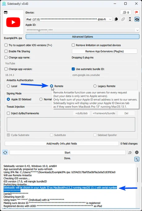 Sideloadly's Remote Anisette Feature