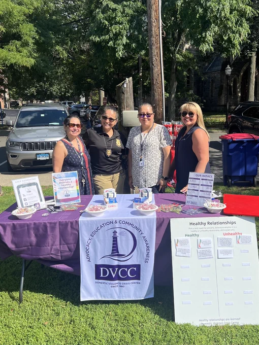 National Night Out is an annual event to promote community-police awareness raising event. Pictured here l to r: Anita Lai, DVCC’s Community Initiatives Coordinator, Sgt. Adriana Molina,Stamford PD, Carolina Grijalba-Rodriguez,Clinical Director of Law Enforcement Initiatives, Stamford PD, and Lauren Moreno, DVCC’s Manager of Legal Services. 