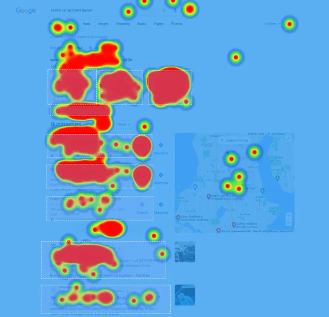 SERPs click test study results - Heat map showing where Google users are clicking in the search engine results pages.