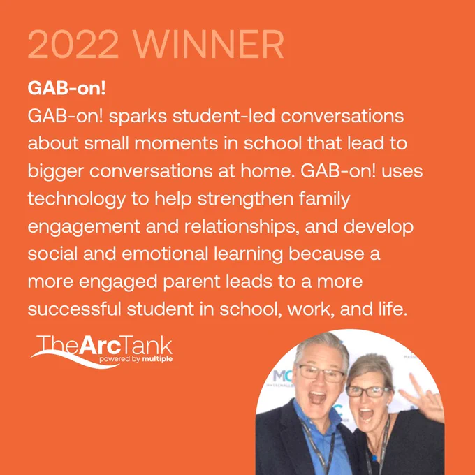 An orange graphic featuring the 2022 winner of The Arc Tank, Gab-on! with a brief description of the company.