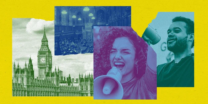 All illsuration of various images on top of a yellow background which include two protestors shouting into megaphones and the Houses of Parliament