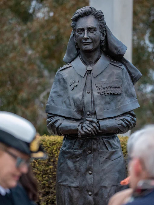 Artwork: Charles Robb, Lieutenant Colonel Vivian Bullwinkel AO MBE ARRC ED FNM FRCNA (2023) Bronze, stainless steel and concrete, AWM2022.533.1 