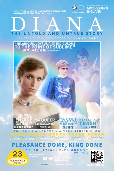 Show poster for #UntrueDiana - featuring Linus Karp as Diana surrounded by clouds and a rainbow