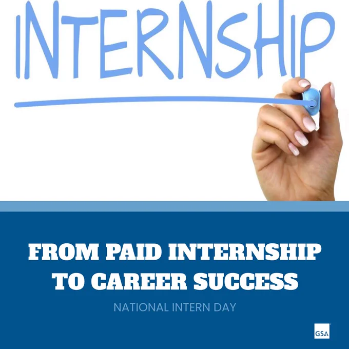 Image of a person's hand holding a marker writing the word "Internship" in light blue. The headline underneath reads: From Paid Internship to Career Success - National Intern Day 