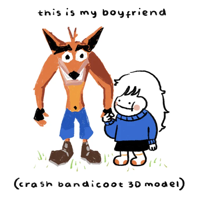 A girl is holding hands with Crash Bandicoot. Text reads: "this is my boyfriend (crash bandicoot 3D model)".
