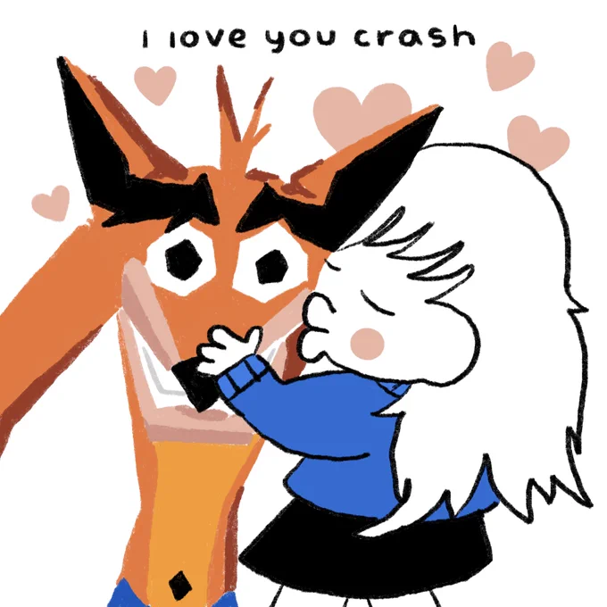 A girl kisses Crash Bandicoot on the cheek. Text reads: "I love you Crash".