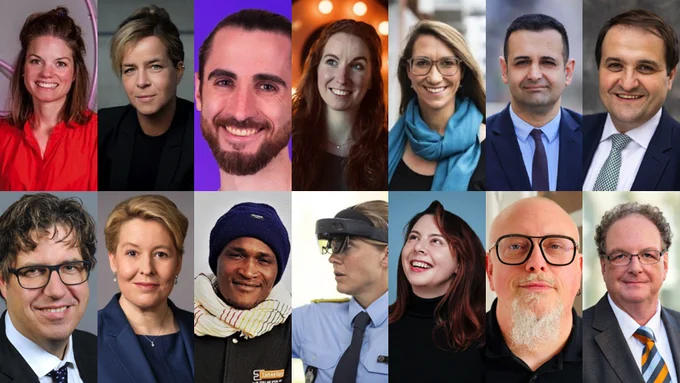 Foto-Collage der angekündigten Speaker beim gamescom congress. Erste Reihe (von links nach rechts): Maike Steinwaller, Mona Neubar, Sasha “Sash” Mackinnon, Franziska Elsässer, Emily Büning, Bijan Djir-Sarai MdB, Nathanael Liminski.
Zweite Reihe: Michael Kellner, Franziska Giffey, Thomas Shiva, Cordula P., Sarah Brin, Dr Steffen P. Walz, Olaf Zimmermann