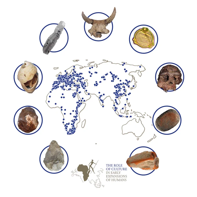 A map with ROAD localities. The map is surrounded by examples of typical site contents: Stone tools, ochre and shell beads representing culture, and a human cranium, a bovid skull and a pollen grain representing other types of finds.