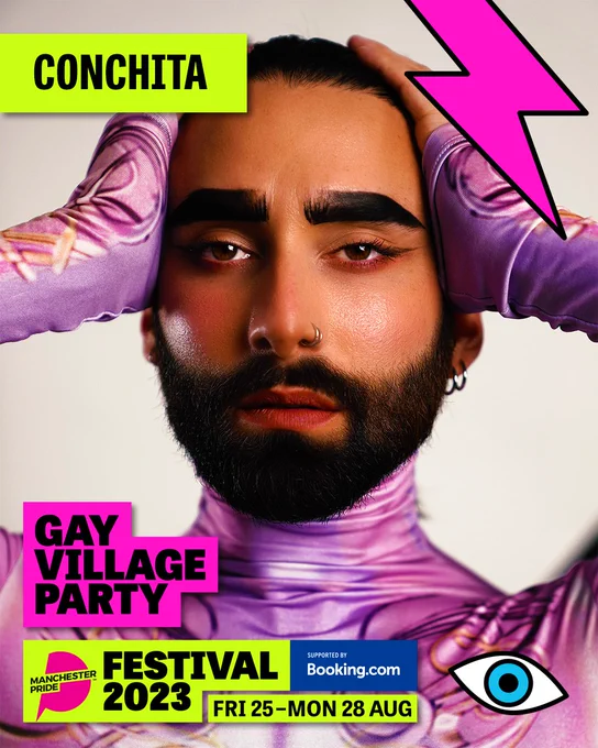 Artist artwork graphic for Conchita. Conchita looks stunning in winded eyeliner and a metallic pink and lilac top, holding their hands on either side of their head. Image text treads: Conchita, Gay Village Party, Manchester Pride Festival 2023, Fri 25 - Mon 28 Aug. 