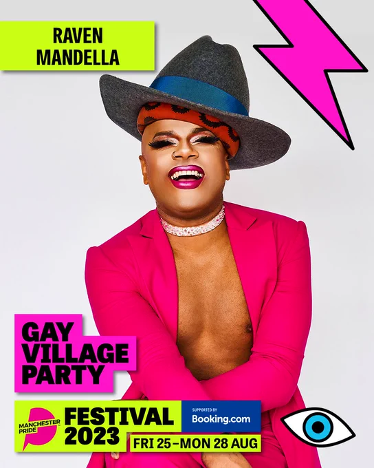 Artist artwork for Raven Mandella. Raven is slaying in a bright pink blazer, a grey hat and hot pink lipstick, and smiles for the camera. Image text treads: Raven Mandella, Gay Village Party, Manchester Pride Festival 2023, Fri 25 - Mon 28 Aug.