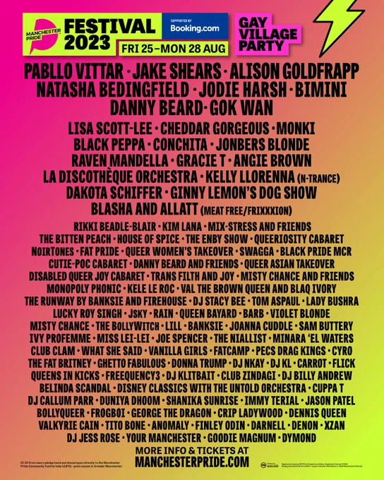 Gay Village Party line-up poster for Manchester Pride Festival 2023. Full line-up details in plain text format can be found at manchesterpride.com/gay-village-party