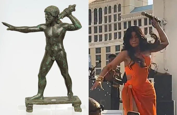 Bronze figurine of Zeus from Dodona (470-460 BC) showing him nude holding a thunderbolt in one hand over head and his other arm outstretched. Next to him is snap of Cardi B holding mic in air over head and having her other arm outstretched.