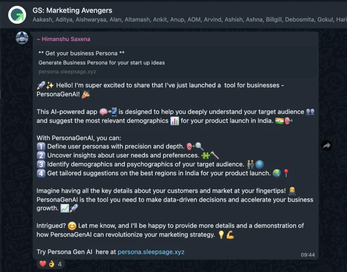 This AI-powered app 🧠📲 is designed to help you deeply understand your target audience 👥 and suggest the most relevant demographics 📊 for your product launch in India. 🇮🇳🎯

With PersonaGenAI, you can:
1️⃣ Define user personas with precision and depth. 🎯🔍
2️⃣ Uncover insights about user needs and preferences. 🧩🔦
3️⃣ Identify demographics and psychographics of your target audience. 🧑‍🤝‍🧑🌐
4️⃣ Get tailored suggestions on the best regions in India for your product launch. 🌏📍

Imagine having all the key details about your customers and market at your fingertips! 👨‍💻 PersonaGenAI is the tool you need to make data-driven decisions and accelerate your business growth. 📈🚀

Intrigued? 😊 Let me know, and I'll be happy to provide more details and a demonstration of how PersonaGenAI can revolutionize your marketing strategy. 💡💪

Try Persona Gen AI  here at persona.sleepsage.xyz