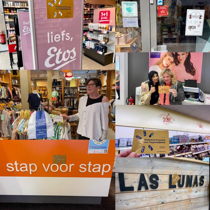 Collage van diverse winkels die het Nederlands Keurmerk voor Toegankelijkheid hebben mogen ontvangen.