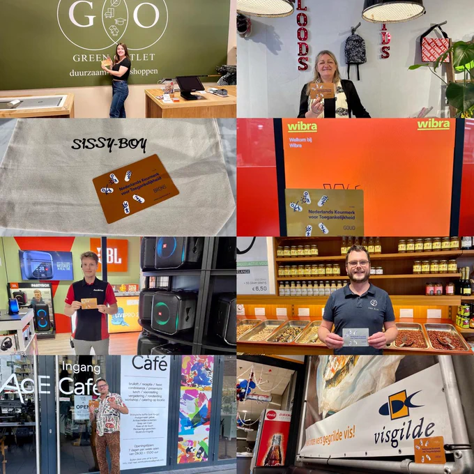 Collage van diverse ondernemers die het Nederlands Keurmerk voor Toegankelijkheid in ontvangst nemen. 