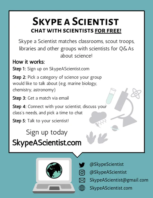 An explainer for skype a scientist that says "Skype a Scientist chat with scientists FOR FREE" followed by "Skype a Scientist matches classrooms, scout troops, libraries and other groups with scientists for Q&As about science!
"  and then  "How it works:
Step 1: Sign up on SkypeAScientist.com

Step 2: Pick a category of science your group would like to talk about (e.g. marine biology, chemistry, astronomy)

Step 3: Get a match via email

Step 4: Connect with your scientist, discuss your class's needs, and pick a time to chat

Step 5: Talk to your scientist!"