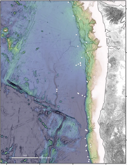 Seafloor topography from National Oceanic and Atmospheric Administration's National Geophysical Data Center US Coastal Relief Model (https://www.ncei.noaa.gov/products/coastal-relief-model) and geomapapp.org (Ryan, W. B. F., et al., 2009, Global Multi-Resolution Topography (GMRT) synthesis data set, Geochem. Geophys. Geosyst., 10, Q03014, doi:10.1029/2008GC002332)
Core locations & data from Oregon State University Marine and Geology Repository (https://osu-mgr.org/)