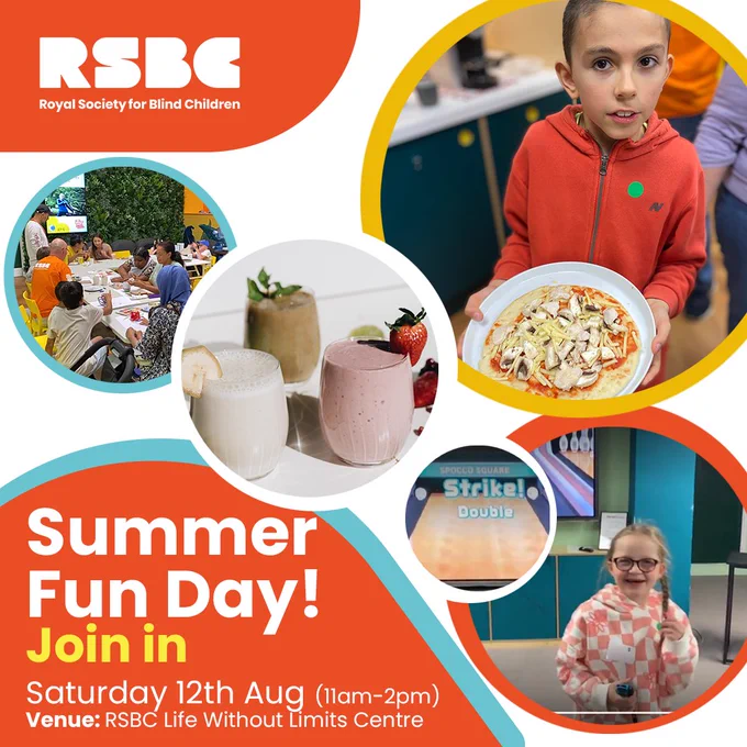 Five photos in circles: 1) a group of young people and adults sat at tables doing art and craft, 2) Three different coloured/flavoured smoothies in glass, 3) A boy with a red hoodie holding a plate of unbaked pizza, 4) Close up of a ten pin bowling video game saying "Strike Double", 5) a smiling young girl who just hit a strike on the video game 