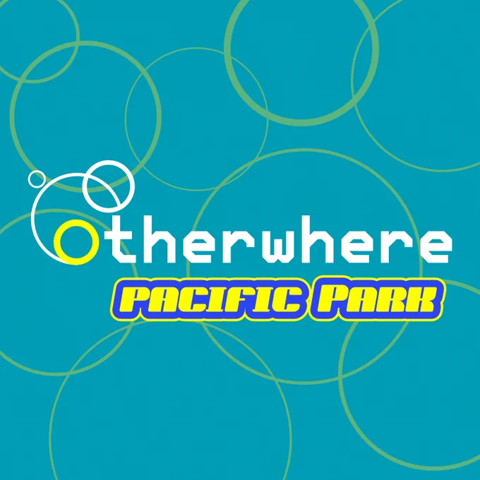 The logo for Pacific Park. Several white stylized circles of different sizes intertwine into a yellow O that is the start of the word Otherwhere in white angular font. "Pacific Park" is written below in blocky yellow and blue font. Gray circles of varying sizes overlap each other over a turquoise background.