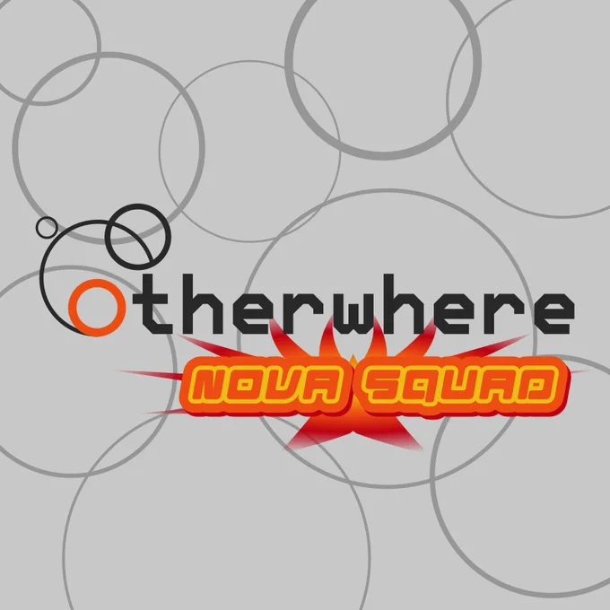 Otherwhere season 2 NOVA Squad logo. Several dark gray stylized circles of different sizes intertwine into an orange O that is the start of the word Otherwhere in dark gray angular font. "Nova squad" is written below in blocky orange and yellow font with abstract flames radiating behind. Gray circles of varying sizes overlap each other over a light gray background.