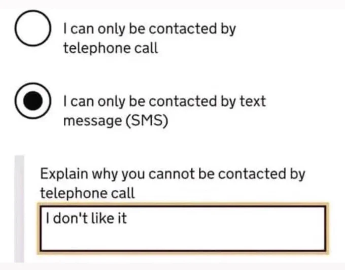 A form asking why you’ve chose the option not to be contacted by telephone as well as email. The person has answered “I don’t like it”
