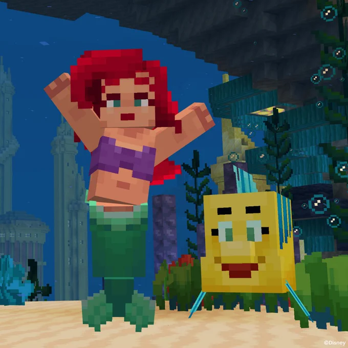 Minecraft screenshot: Disney's The Little Mermaid characters Sebastian, Ariel, and Flounder in an underwater setting