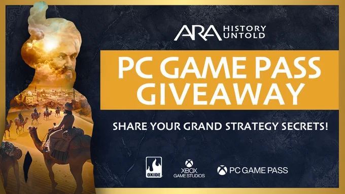 Image of Ara: History Untold Leader, Harun, against a marble background. Ara is having a PC Game Pass Giveaway and the text reads "Share Your Grand Strategy Secrets!" 