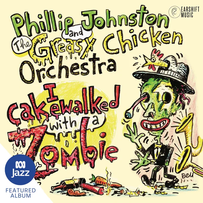 A cartoon drawing of a zombie with eyes popping out of its head, walking with some jazz horns under its arms.