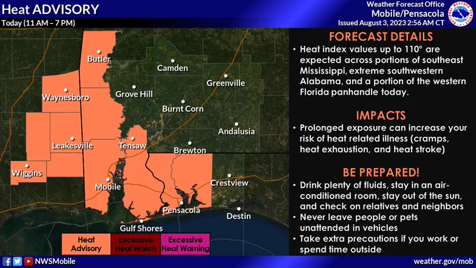 Map of southeast Mississippi, southwest and south central Alabama and the western Florida panhandle showing the extent of a Heat Advisory for today.  A Heat Advisory is in effect for southeast Mississippi, extreme southwestern Alabama, and a portion of the western Florida panhandle.  Heat index values up to 110 are possible in the Heat Advisory area. 