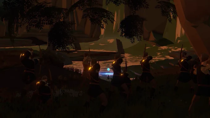 Several archers are aiming their bows ready to take a shot at a Wisp in the Gala Games MMORPG, Mirandus.