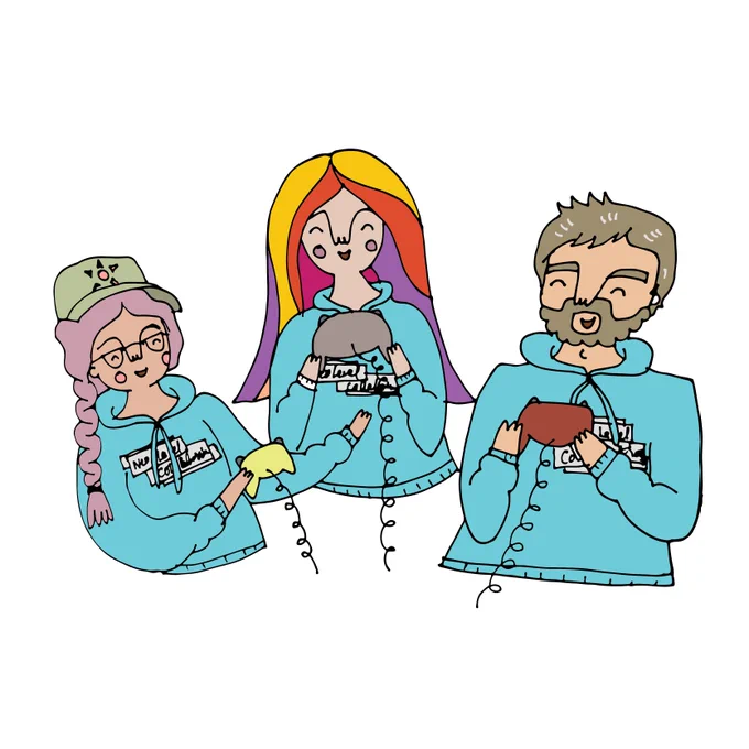 A hand drawn picture of Matt, Jess and a NLC program facilitator.