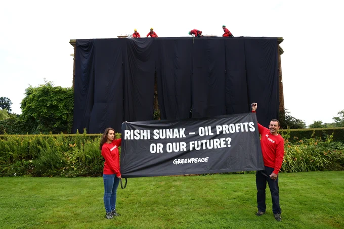 Greenpeace activists climb onto the roof of the Prime Minister’s £2m manor house in Yorkshire this morning in protest at his backing for a major expansion of North Sea oil and gas drilling amidst a summer of escalating climate impacts.