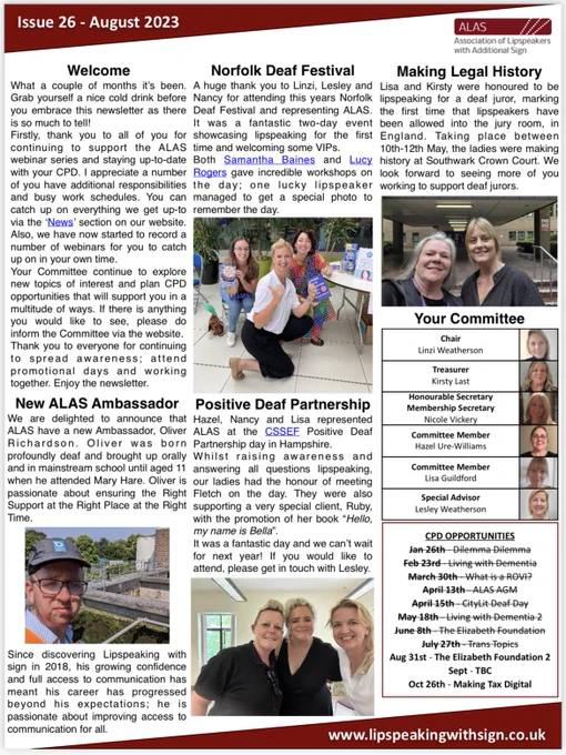 A newsletter featuring a series of images and text. One image has a male wearing a cap and glasses. Another image has a group of three woman all smiling. Another image has two women in black standing outside a court. Another image has a woman wearing white, crouched down in front of two other sitting women.