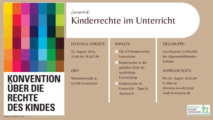 Flyer zum Lernsnack "Kinderrechte im Unterricht" für Leverkusener Lehrkräfte am 15.8. von 15:00 - 16:30 Uhr