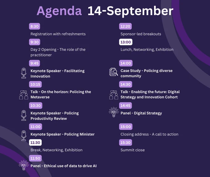 A GIF showing the Summit Logo on a Purple Background with each page showing the agenda detail (which is also available in an accessible format on the linked web article)