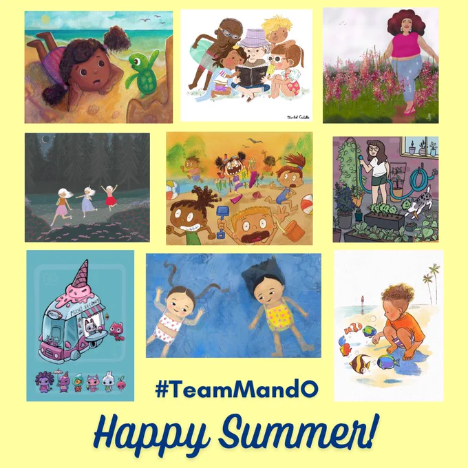 A pale-yellow slide with nine assorted summer-themed illustrations from McIntosh and Otis artists, which will be seen in detail over the next nine posts. End alt text.