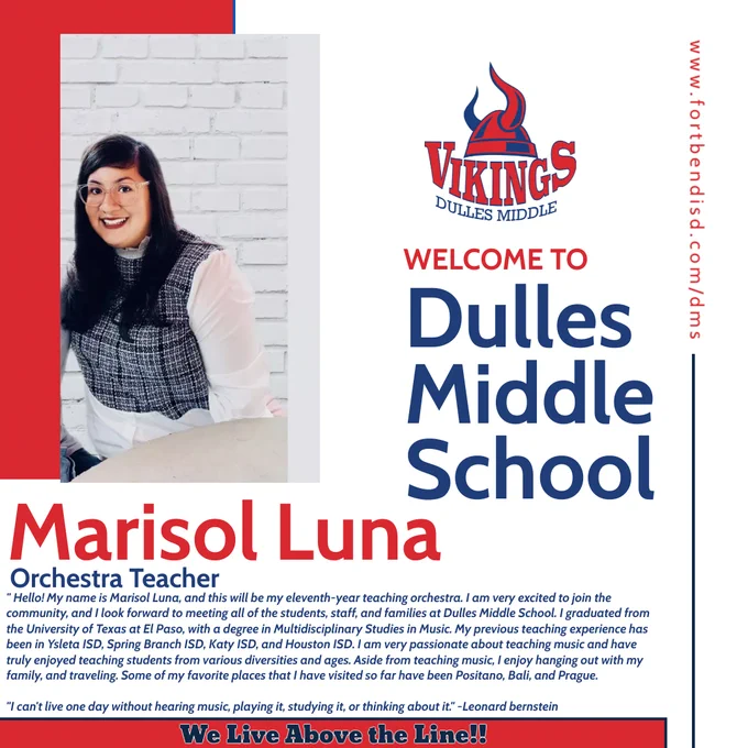 Welcome to Dulles Middle School, Marisol Luna, orchestra. 